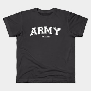 BTS Bangtan ARMY since 2021 varsity college text | Morcaworks Kids T-Shirt